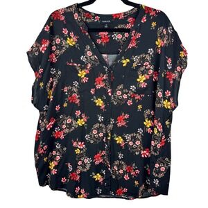 Torrid Floral Blouse Womens 1X Black Red Button Front V-Neck Rayon Edgy Goth